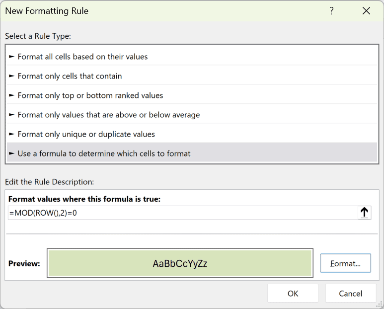 The New Formatting Rule dialog with =MOD(ROW(),2)=0 entered