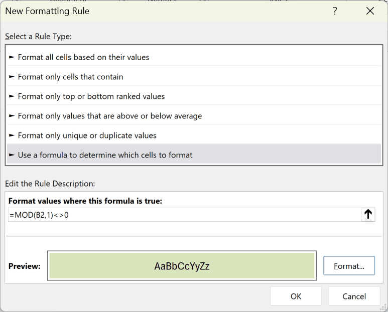 The New Formatting Rule dialog with =MOD(B2,1)<>0 entered