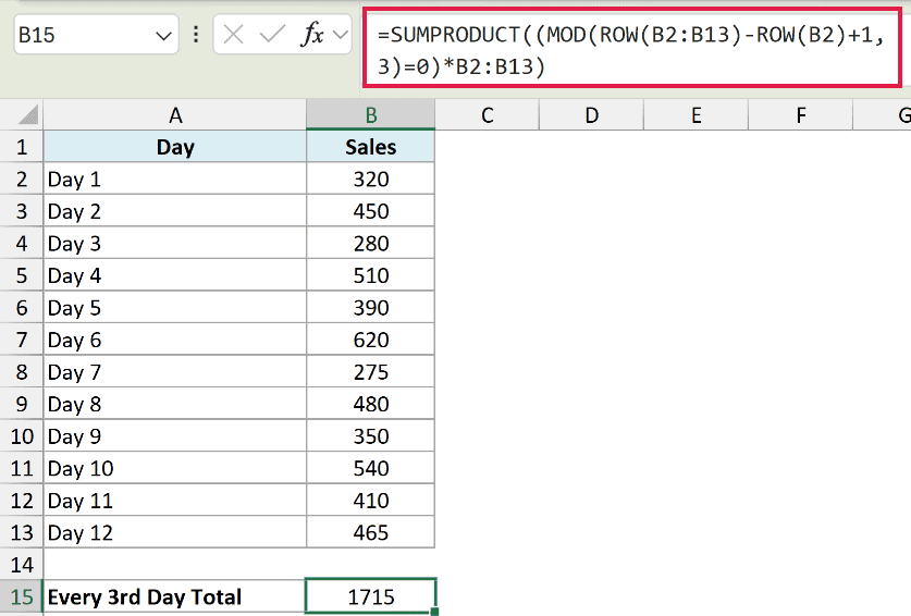 Excel formula using MOD and SUMPRODUCT to calculate the sum of every third row in a sales data table