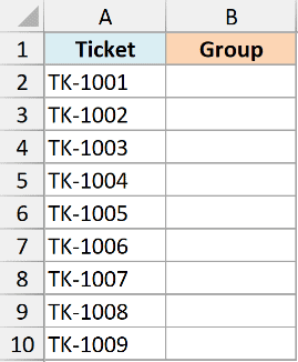 Excel dataset with Ticket IDs in column A from TK-1001 to TK-1009 and an empty Group column B for mod 16 calculations
