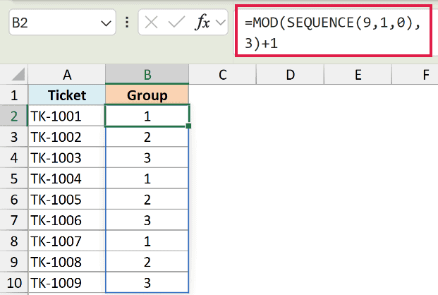 Excel formula =MOD(SEQUENCE(9,1,0),3)+1 generating a repeating 1-3 sequence in column B for ticket groups