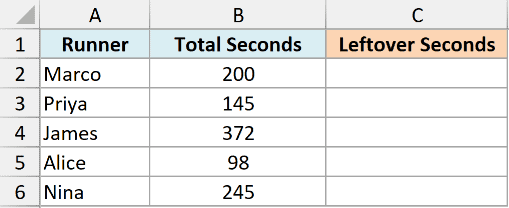 Mod 18 dataset in Excel showing a table with columns for Runner, Total Seconds, and Leftover Seconds