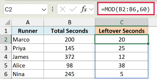 Excel formula =MOD(B2:B6, 60) in the formula bar calculating leftover seconds from a list of total seconds per runner