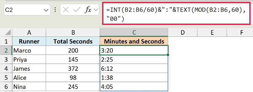 Excel formula using MOD to convert total seconds in column B into minutes and seconds format in column C