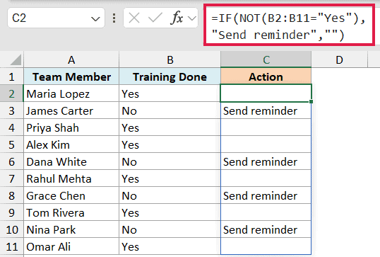 Excel formula =IF(NOT(B2:B11="Yes"), "Send reminder", "") displayed in the formula bar for a training status table