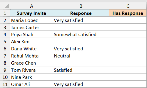 Excel table with Survey Invite names in column A and Response feedback in column B, with column C empty for results
