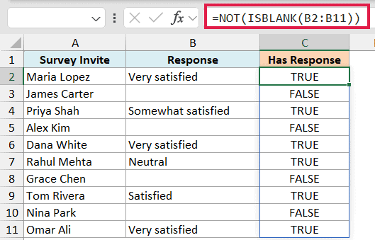 Excel formula bar showing =NOT(ISBLANK(B2:B11)) applied to a survey response table in column C