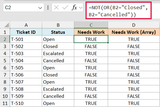 Excel formula =NOT(OR(B2="Closed", B2="Cancelled")) in formula bar with results in the Needs Work column