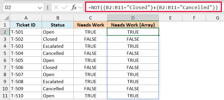 Excel formula bar showing NOT array formula used to identify tickets that are not Closed or Cancelled