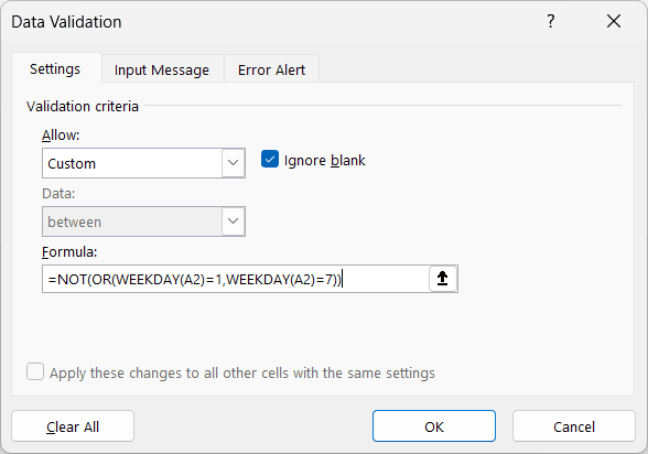 Data Validation dialog with a custom NOT formula that blocks weekend dates
