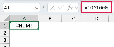=10^1000 returns #NUM! because the result is far larger than the biggest number Excel can store.