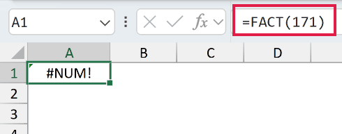 =FACT(171) returns #NUM! because 171 factorial overflows Excel's numeric limit.