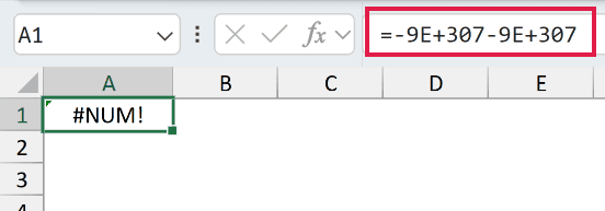=-9E307-9E307 returns #NUM! because the total falls below Excel's lowest allowed number.