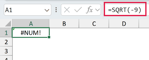 =SQRT(-9) returns #NUM! because there is no real square root of a negative number.