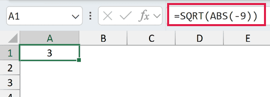 =SQRT(ABS(-9)) wraps the value in ABS first, so SQRT returns 3.