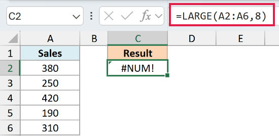 =LARGE(A2:A6,8) returns #NUM! because the range holds only five numbers, so there is no eighth largest value.