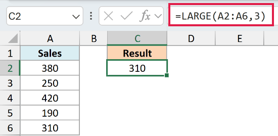 =LARGE(A2:A6,3) asks for a position inside the range and returns 310, the third largest number in the list.