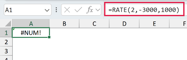 =RATE(2,-3000,1000) returns #NUM! because the real rate is far from the default 10 percent guess RATE starts from.