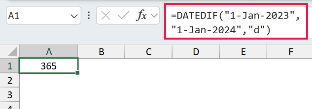 =DATEDIF("1-Jan-2023","1-Jan-2024","d") with the dates in the right order returns 365.