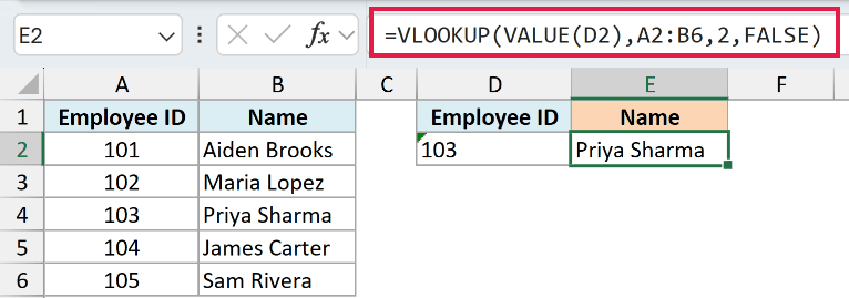 VLOOKUP with VALUE converting the text lookup value to a number and returning Priya Sharma
