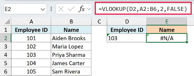 VLOOKUP returning #N/A because the lookup ID is stored as text, shown by the left aligned value and the green triangle