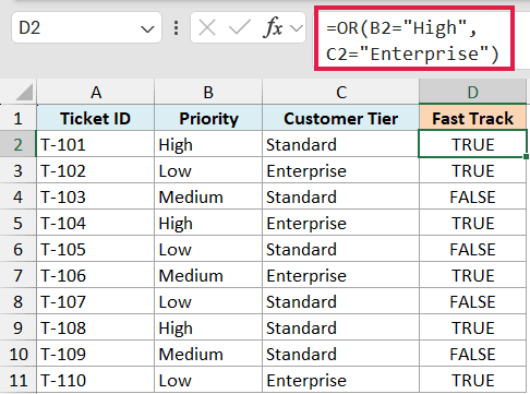 Excel formula =OR(B2="High", C2="Enterprise") in the formula bar, returning TRUE or FALSE in the Fast Track column
