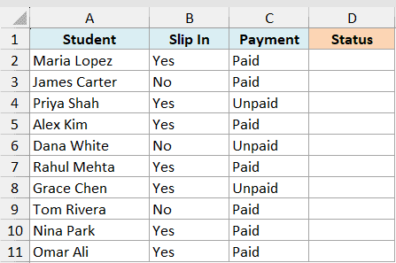 Excel table with Student, Slip In, and Payment columns, plus an empty Status column for OR function examples