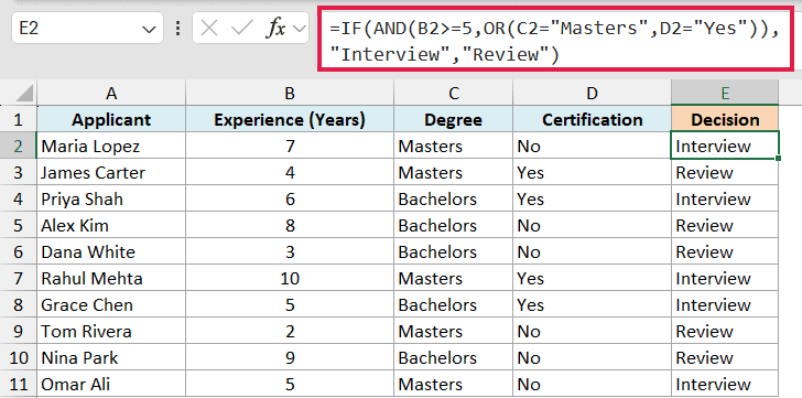 Excel formula bar showing IF, AND, and OR functions used to determine job applicant interview status in column E