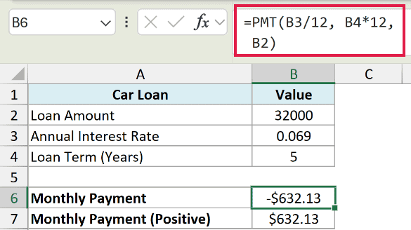 Excel formula bar showing a PMT function resulting in a negative monthly payment value of -$632.13 in cell B6