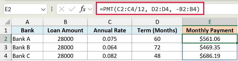 Excel formula bar showing a spilled PMT function calculating monthly payments for three different bank loan offers