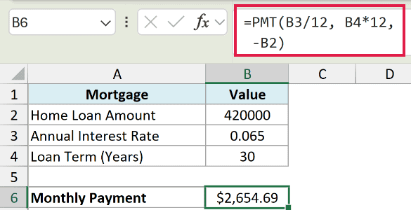 Excel formula bar showing PMT function for a mortgage calculation with loan amount, interest rate, and term inputs