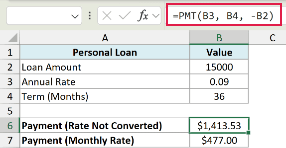 Excel formula bar showing PMT function using an annual interest rate instead of a monthly rate for a loan calculation