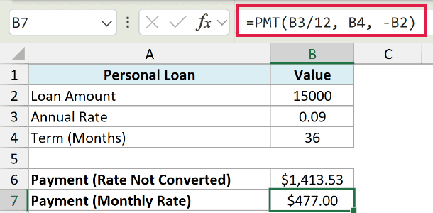 Excel formula bar showing PMT function with annual rate divided by 12 to calculate monthly loan payment in cell B7
