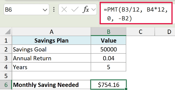 Excel formula bar showing PMT function for a savings goal of 50,000 with 4% return over 5 years, resulting in $754.16