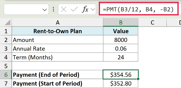 Excel formula bar showing PMT function for end of period payment calculation using loan amount, rate, and term