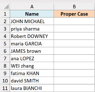Excel table with a list of messy names in column A and an empty Proper Case column B for formatting practice