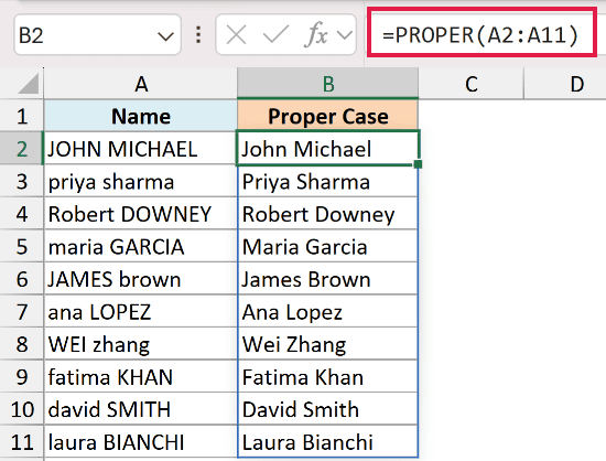 Excel formula =PROPER(A2:A11) converting a list of messy names in column A into standardized title case in column B