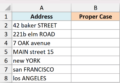 Excel table showing a list of messy address data in column A and an empty Proper Case column B for formatting