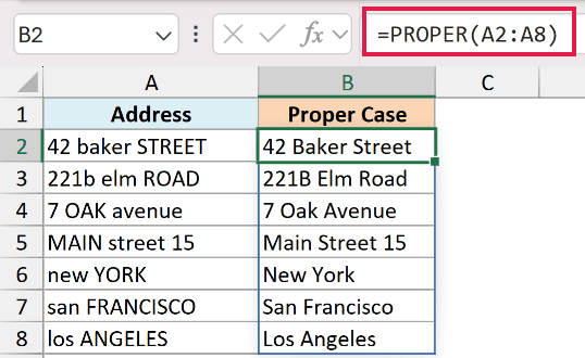 Excel formula =PROPER(A2:A8) converting messy address text in column A to title case in column B