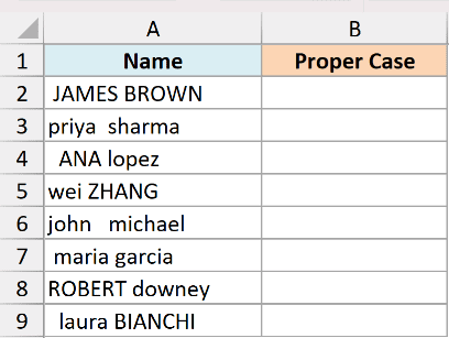 Excel dataset with names in column A containing inconsistent casing and extra spaces for PROPER function demonstration