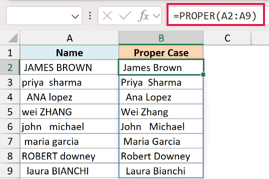 Excel formula =PROPER(A2:A9) converting a list of names in column A to title case in column B