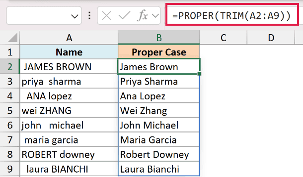 Excel formula bar showing =PROPER(TRIM(A2:A9)) to convert messy names in column A to clean title case in column B
