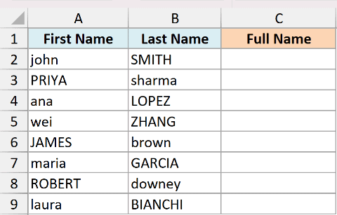 Excel dataset showing messy first and last names in columns A and B with an empty Full Name column C
