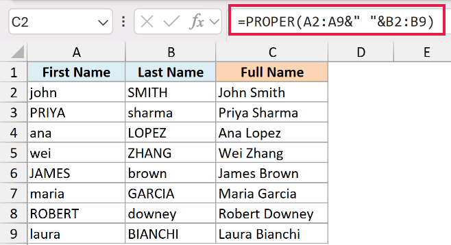 Excel formula bar showing PROPER function combining first and last name columns into a properly capitalized full name