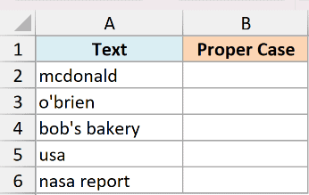 Excel spreadsheet showing PROPER function edge cases like mcdonald, o'brien, and usa in column A