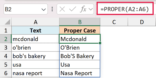 Excel formula =PROPER(A2:A6) showing incorrect capitalization for names like Mcdonald, O'Brien, and acronyms like Usa