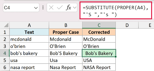 Excel formula using SUBSTITUTE and PROPER functions to fix incorrect capitalization after apostrophes in a name list