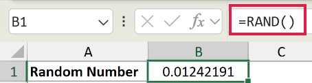 Excel formula bar showing =RAND() highlighted in red, with the resulting random decimal in cell B1