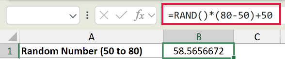 Excel formula bar showing =RAND()*(80-50)+50 to generate a random number between 50 and 80 in cell B1