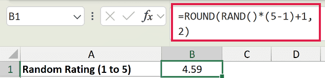 Excel formula bar showing =ROUND(RAND()*(5-1)+1, 2) to generate a random number between 1 and 5 with two-decimal precision